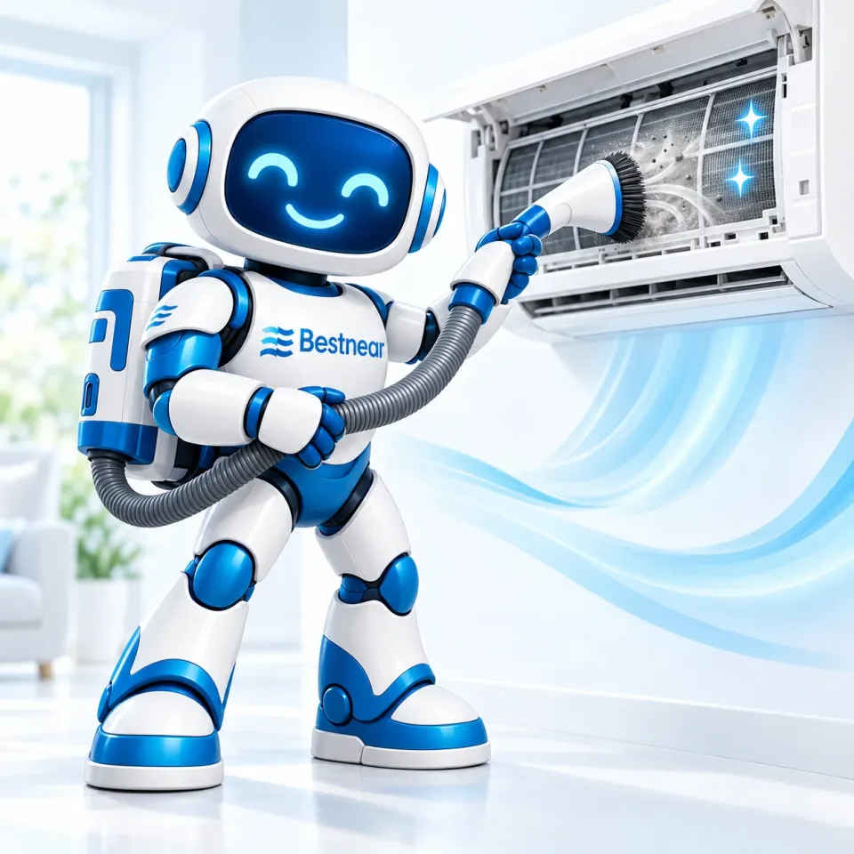 A white and blue BestNear robot mascot vacuuming an AC filter, in a light room.