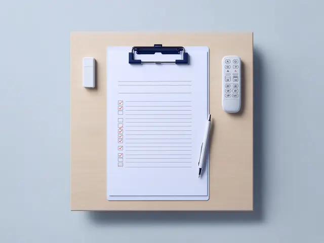 لوح تثبيت عليه قائمة فحص خدمة مؤشَّرة، وقلم، وجهاز تحكم عن بُعد لمكيف